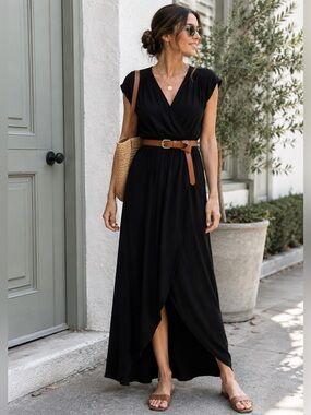 Splendid Black Faux Wrap Maxi Dress Soft Draped Flutter Sleeve Small
